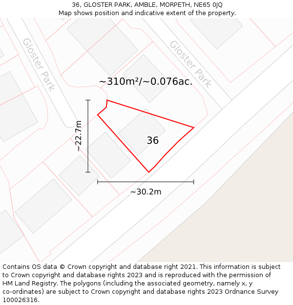 36, GLOSTER PARK, AMBLE, MORPETH, NE65 0JQ: Plot and title map