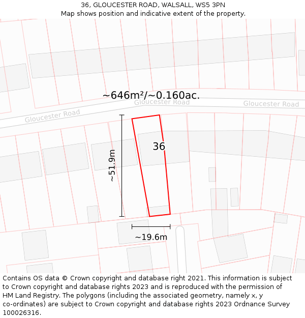 36, GLOUCESTER ROAD, WALSALL, WS5 3PN: Plot and title map