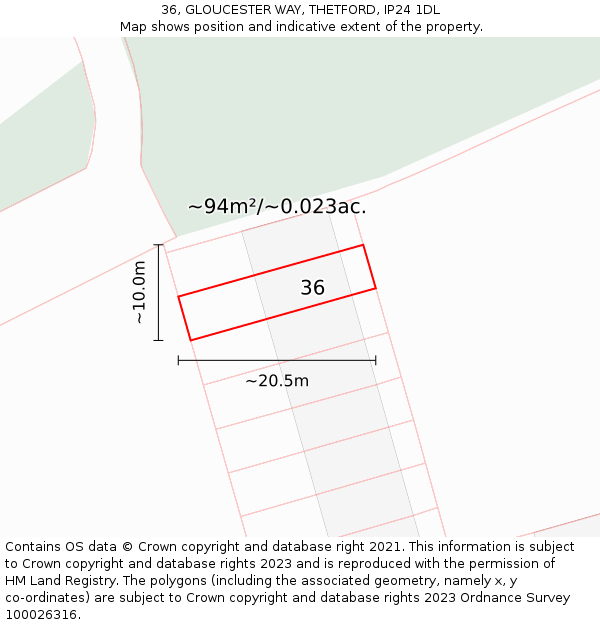 36, GLOUCESTER WAY, THETFORD, IP24 1DL: Plot and title map