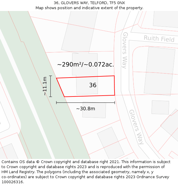 36, GLOVERS WAY, TELFORD, TF5 0NX: Plot and title map