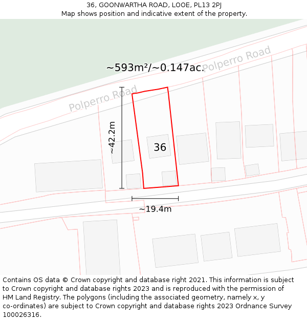 36, GOONWARTHA ROAD, LOOE, PL13 2PJ: Plot and title map