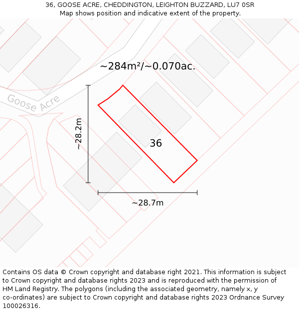 36, GOOSE ACRE, CHEDDINGTON, LEIGHTON BUZZARD, LU7 0SR: Plot and title map