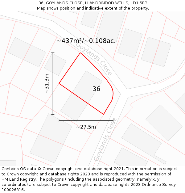 36, GOYLANDS CLOSE, LLANDRINDOD WELLS, LD1 5RB: Plot and title map
