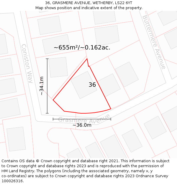 36, GRASMERE AVENUE, WETHERBY, LS22 6YT: Plot and title map