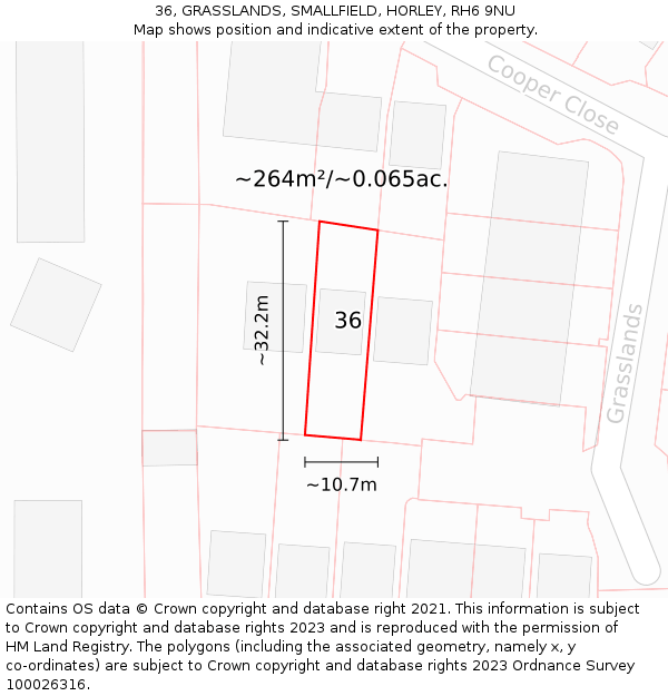 36, GRASSLANDS, SMALLFIELD, HORLEY, RH6 9NU: Plot and title map