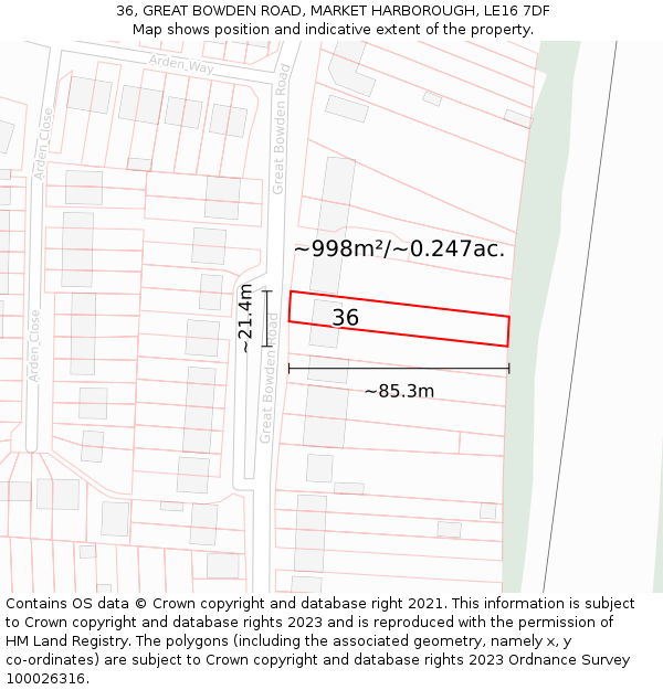 36, GREAT BOWDEN ROAD, MARKET HARBOROUGH, LE16 7DF: Plot and title map