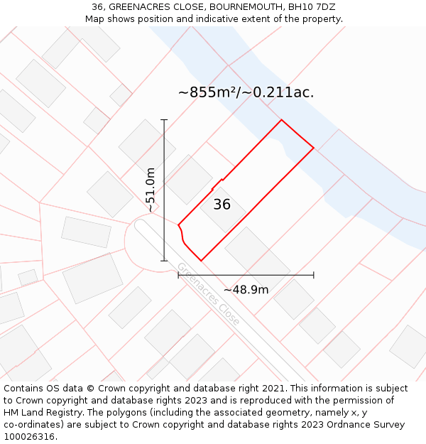 36, GREENACRES CLOSE, BOURNEMOUTH, BH10 7DZ: Plot and title map