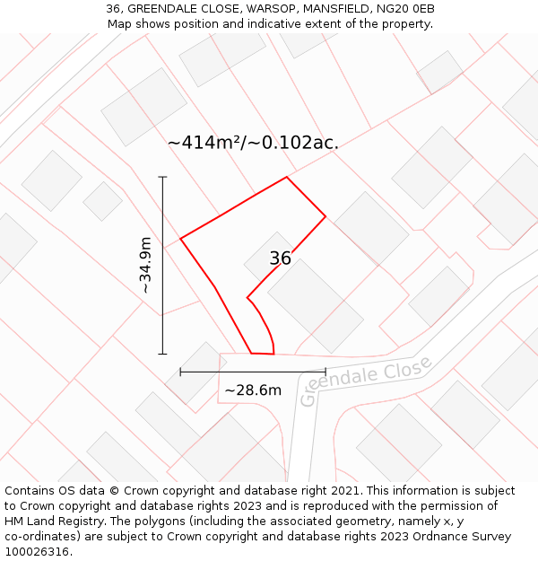 36, GREENDALE CLOSE, WARSOP, MANSFIELD, NG20 0EB: Plot and title map