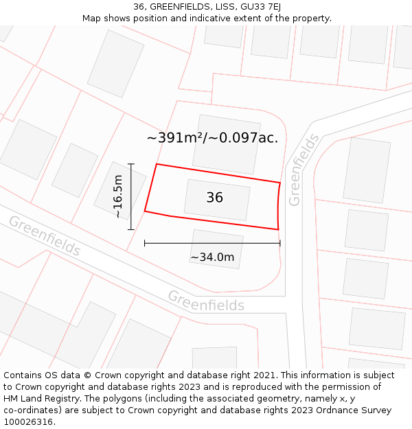 36, GREENFIELDS, LISS, GU33 7EJ: Plot and title map