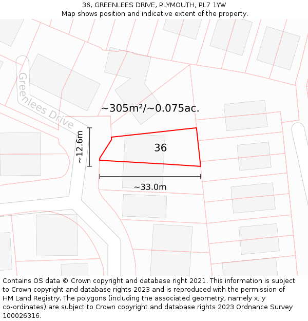 36, GREENLEES DRIVE, PLYMOUTH, PL7 1YW: Plot and title map