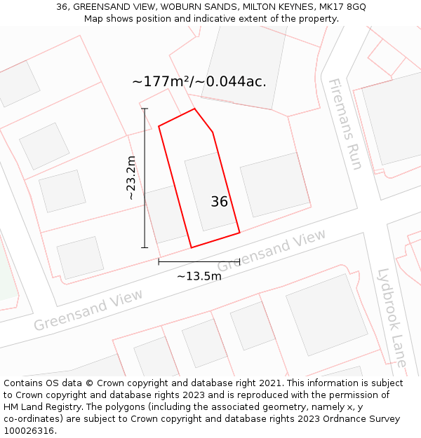 36, GREENSAND VIEW, WOBURN SANDS, MILTON KEYNES, MK17 8GQ: Plot and title map