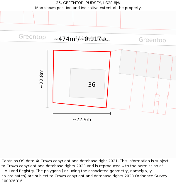 36, GREENTOP, PUDSEY, LS28 8JW: Plot and title map
