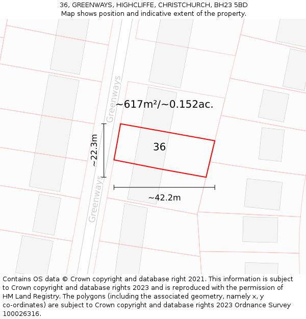 36, GREENWAYS, HIGHCLIFFE, CHRISTCHURCH, BH23 5BD: Plot and title map
