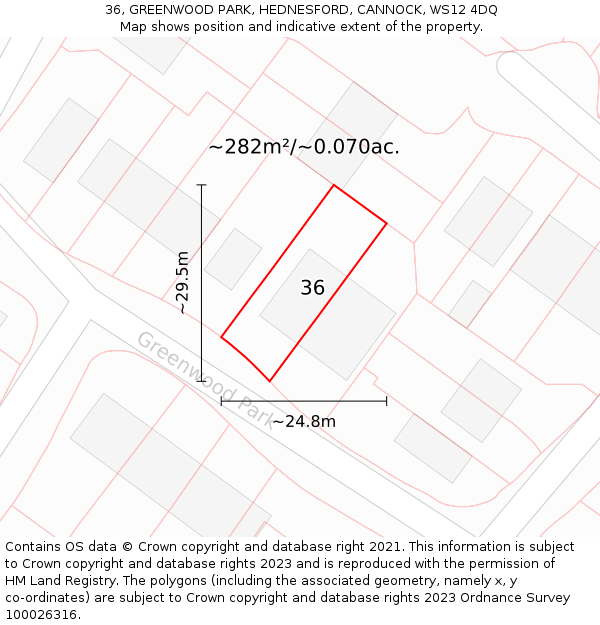 36, GREENWOOD PARK, HEDNESFORD, CANNOCK, WS12 4DQ: Plot and title map