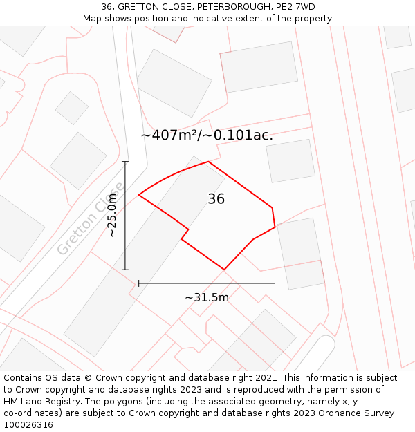 36, GRETTON CLOSE, PETERBOROUGH, PE2 7WD: Plot and title map