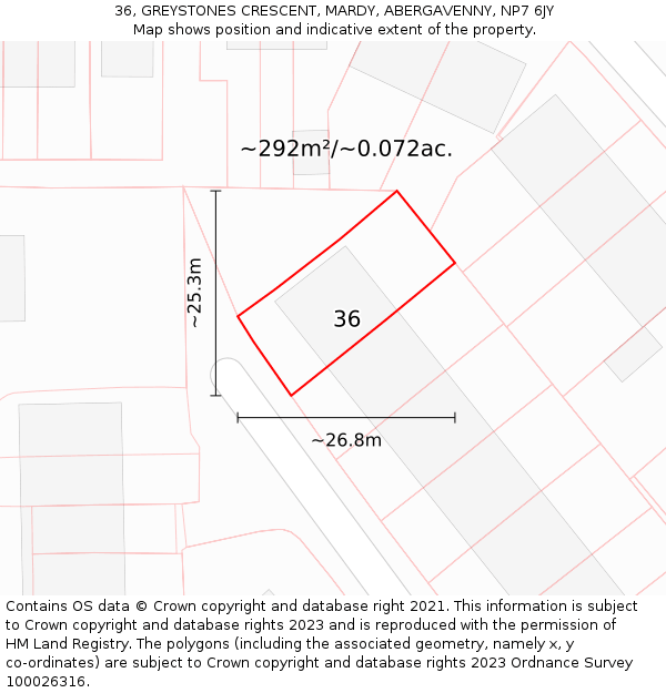 36, GREYSTONES CRESCENT, MARDY, ABERGAVENNY, NP7 6JY: Plot and title map