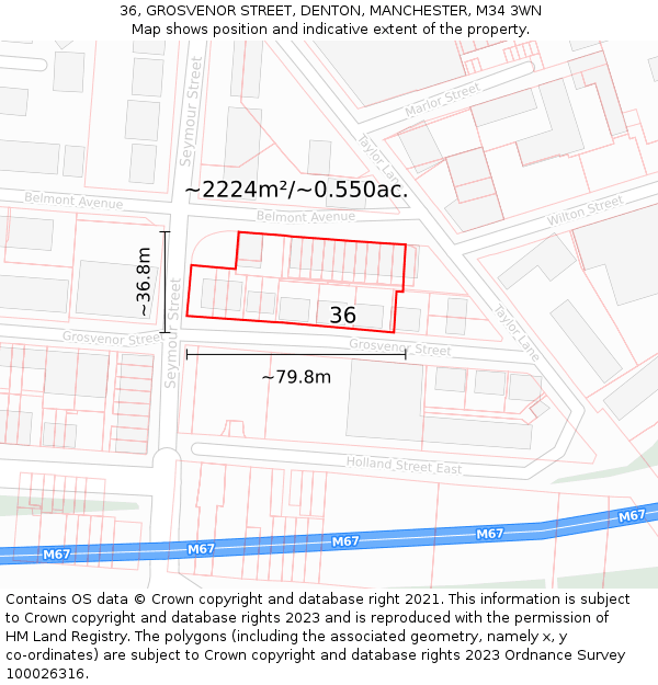 36, GROSVENOR STREET, DENTON, MANCHESTER, M34 3WN: Plot and title map