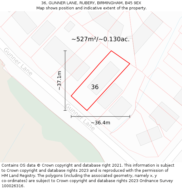 36, GUNNER LANE, RUBERY, BIRMINGHAM, B45 9EX: Plot and title map