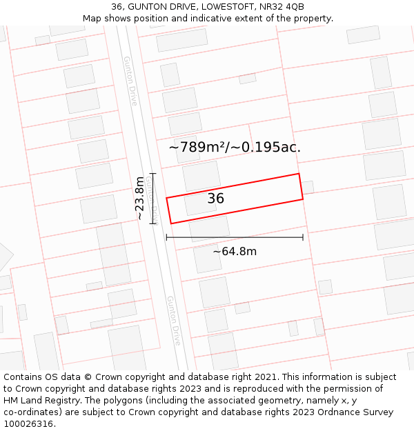 36, GUNTON DRIVE, LOWESTOFT, NR32 4QB: Plot and title map