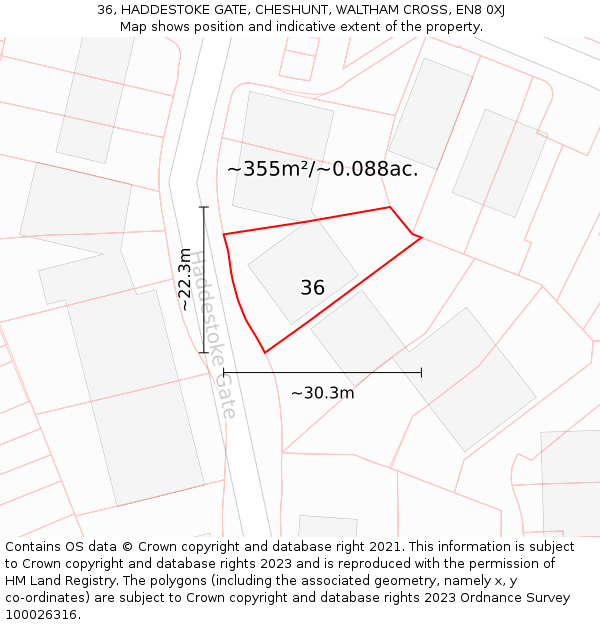36, HADDESTOKE GATE, CHESHUNT, WALTHAM CROSS, EN8 0XJ: Plot and title map