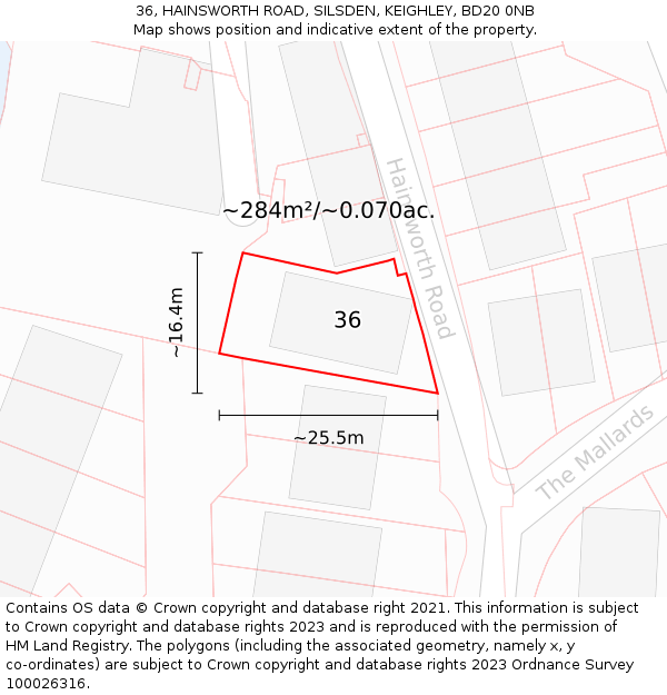 36, HAINSWORTH ROAD, SILSDEN, KEIGHLEY, BD20 0NB: Plot and title map
