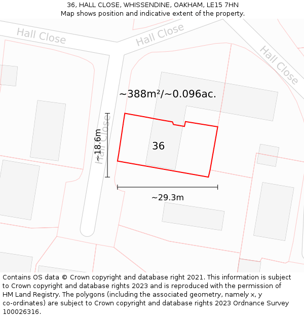 36, HALL CLOSE, WHISSENDINE, OAKHAM, LE15 7HN: Plot and title map