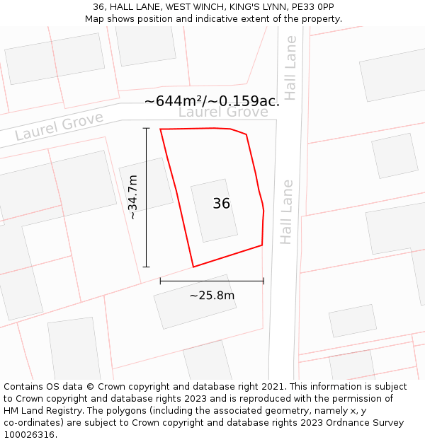 36, HALL LANE, WEST WINCH, KING'S LYNN, PE33 0PP: Plot and title map