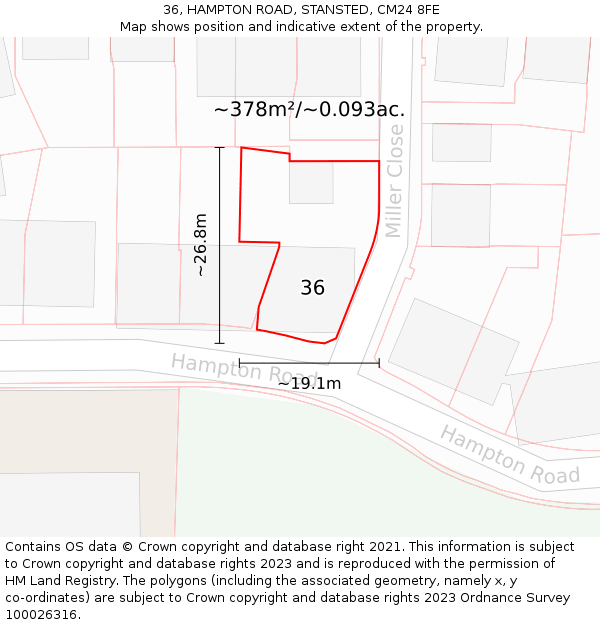 36, HAMPTON ROAD, STANSTED, CM24 8FE: Plot and title map