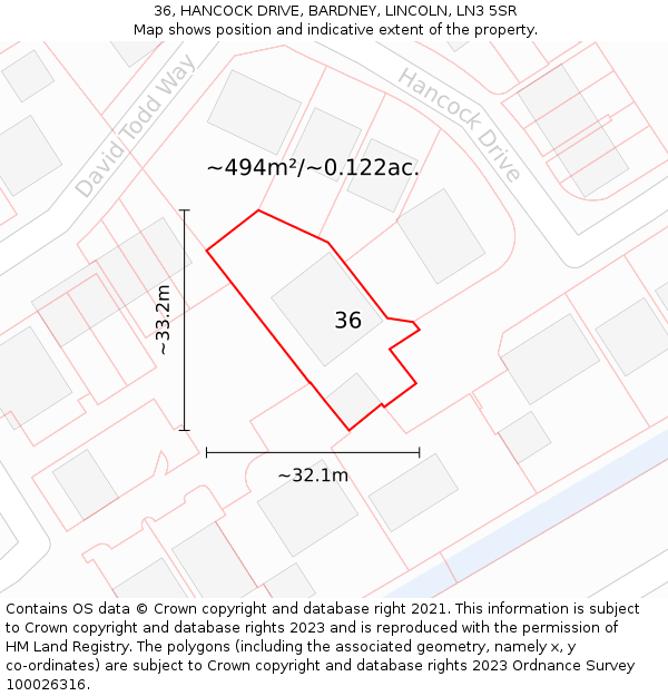 36, HANCOCK DRIVE, BARDNEY, LINCOLN, LN3 5SR: Plot and title map