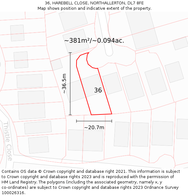 36, HAREBELL CLOSE, NORTHALLERTON, DL7 8FE: Plot and title map