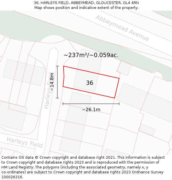 36, HARLEYS FIELD, ABBEYMEAD, GLOUCESTER, GL4 4RN: Plot and title map