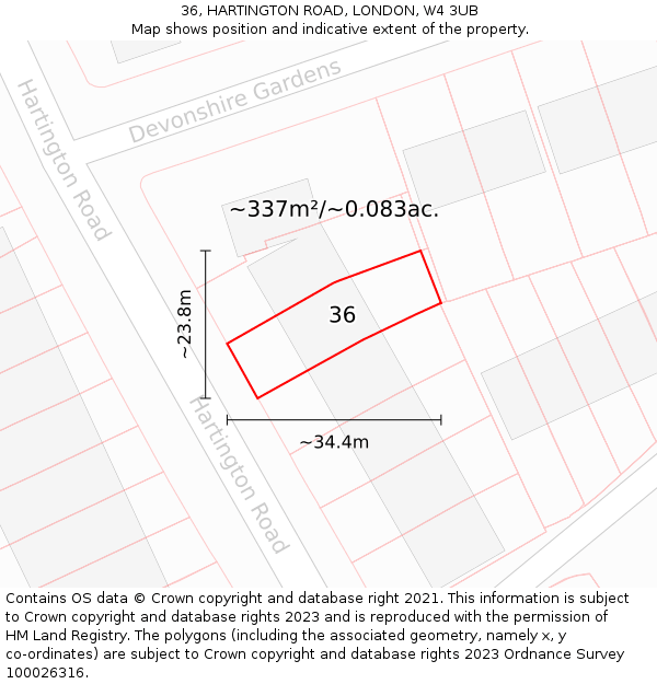 36, HARTINGTON ROAD, LONDON, W4 3UB: Plot and title map