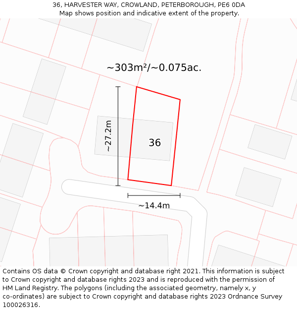36, HARVESTER WAY, CROWLAND, PETERBOROUGH, PE6 0DA: Plot and title map
