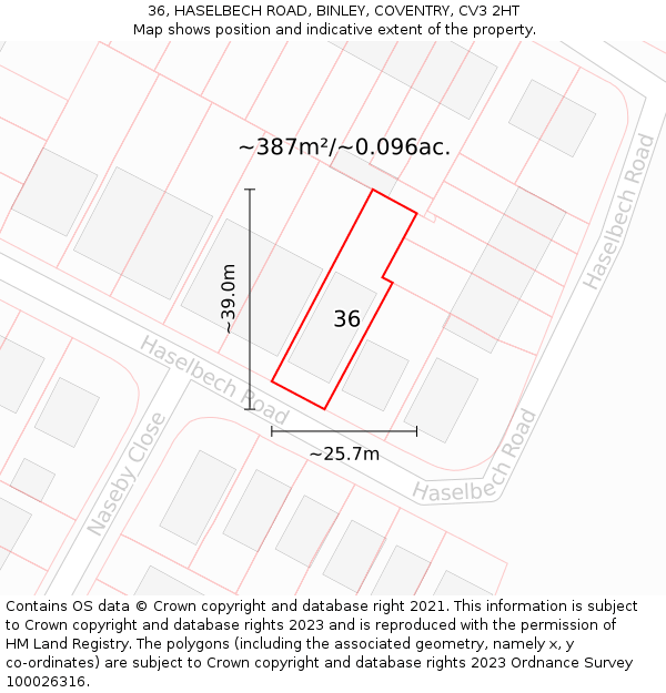 36, HASELBECH ROAD, BINLEY, COVENTRY, CV3 2HT: Plot and title map