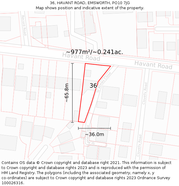 36, HAVANT ROAD, EMSWORTH, PO10 7JG: Plot and title map