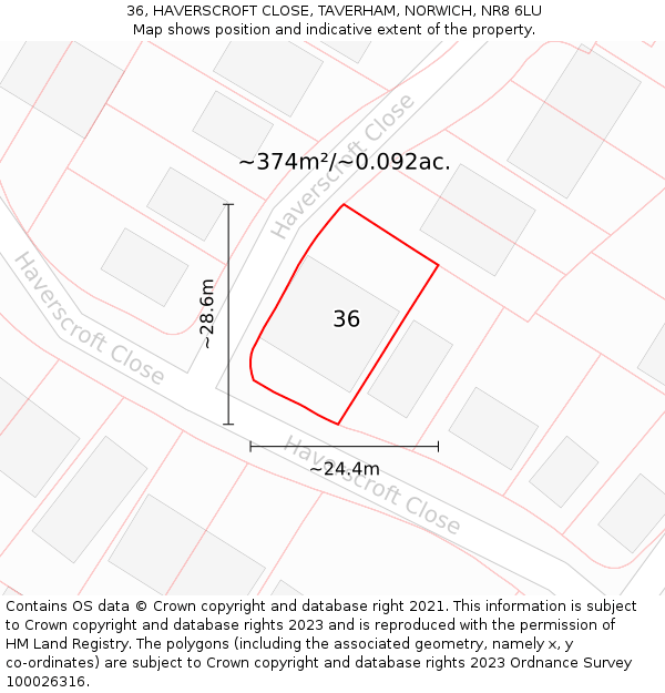 36, HAVERSCROFT CLOSE, TAVERHAM, NORWICH, NR8 6LU: Plot and title map
