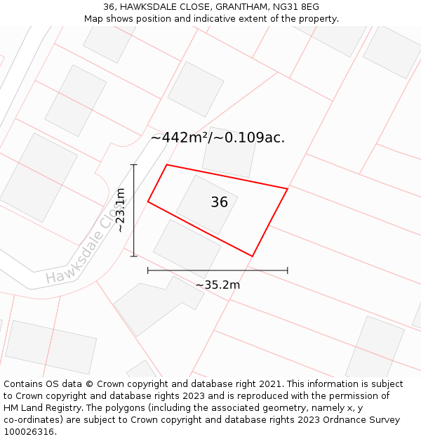 36, HAWKSDALE CLOSE, GRANTHAM, NG31 8EG: Plot and title map