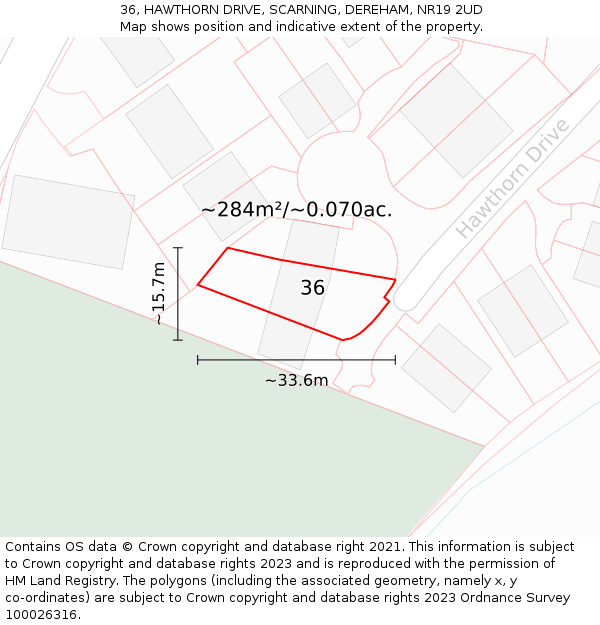 36, HAWTHORN DRIVE, SCARNING, DEREHAM, NR19 2UD: Plot and title map