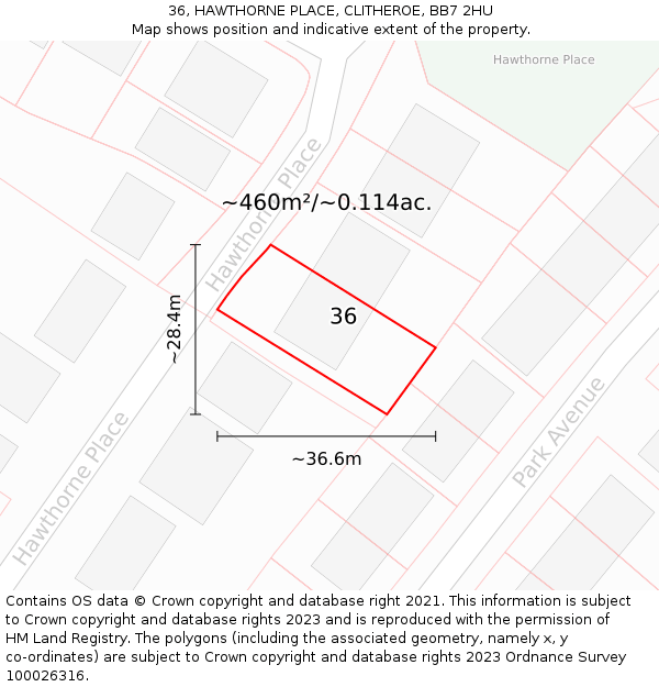 36, HAWTHORNE PLACE, CLITHEROE, BB7 2HU: Plot and title map