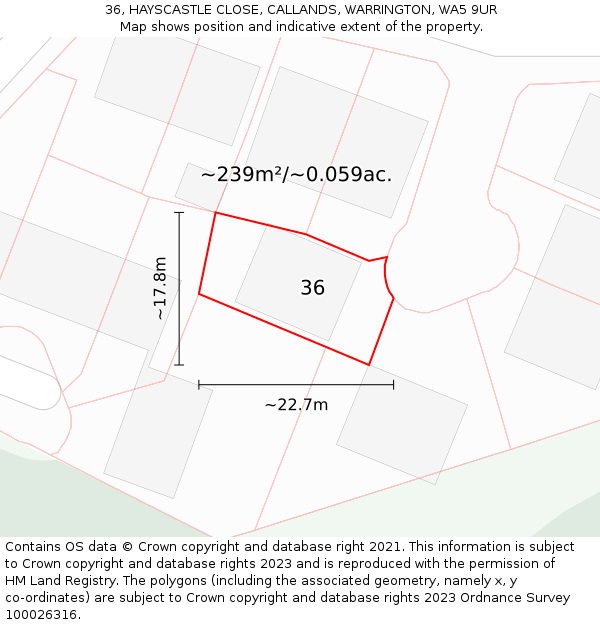 36, HAYSCASTLE CLOSE, CALLANDS, WARRINGTON, WA5 9UR: Plot and title map