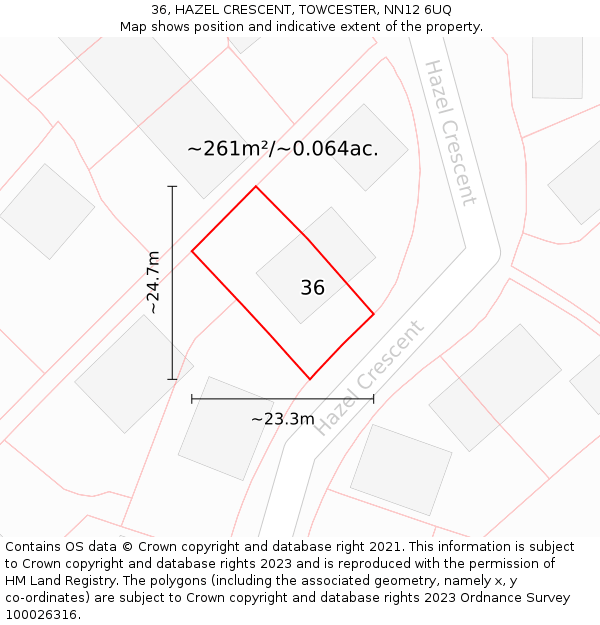 36, HAZEL CRESCENT, TOWCESTER, NN12 6UQ: Plot and title map