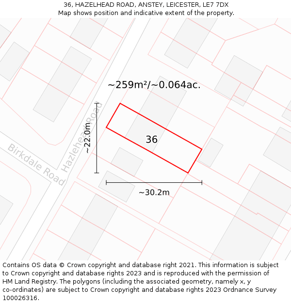 36, HAZELHEAD ROAD, ANSTEY, LEICESTER, LE7 7DX: Plot and title map