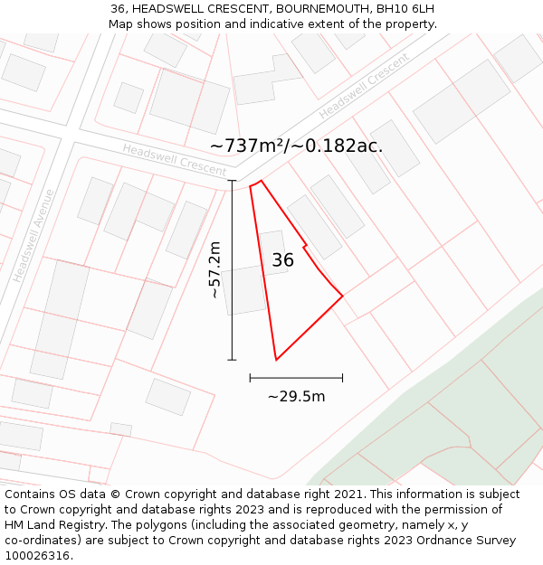 36, HEADSWELL CRESCENT, BOURNEMOUTH, BH10 6LH: Plot and title map