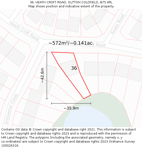 36, HEATH CROFT ROAD, SUTTON COLDFIELD, B75 6RL: Plot and title map