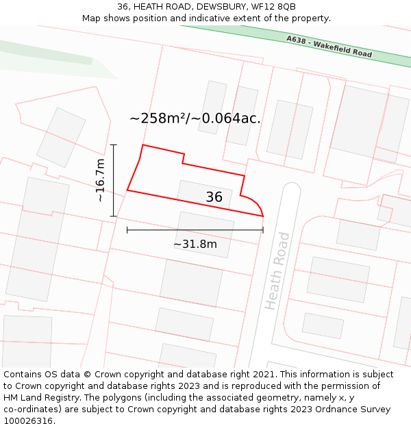 36, HEATH ROAD, DEWSBURY, WF12 8QB: Plot and title map