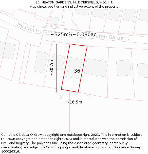 36, HEATON GARDENS, HUDDERSFIELD, HD1 4JA: Plot and title map
