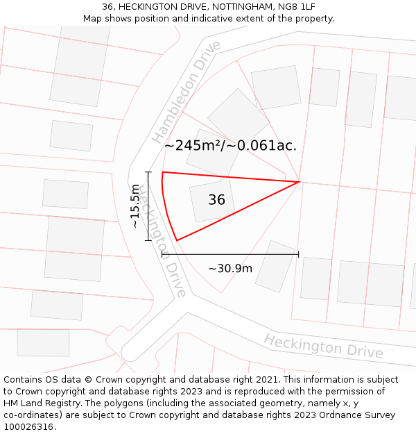 36, HECKINGTON DRIVE, NOTTINGHAM, NG8 1LF: Plot and title map