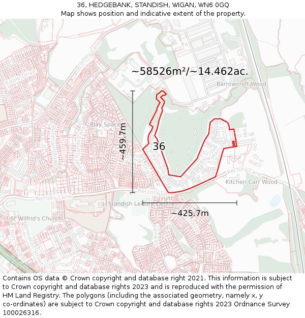 36, HEDGEBANK, STANDISH, WIGAN, WN6 0GQ: Plot and title map