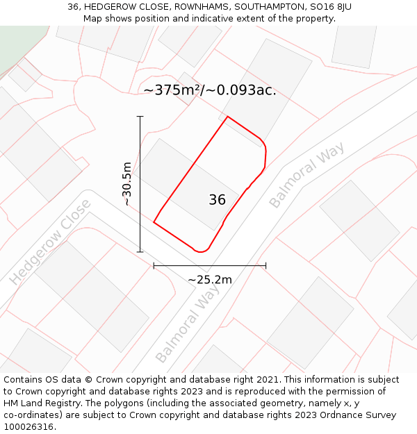 36, HEDGEROW CLOSE, ROWNHAMS, SOUTHAMPTON, SO16 8JU: Plot and title map