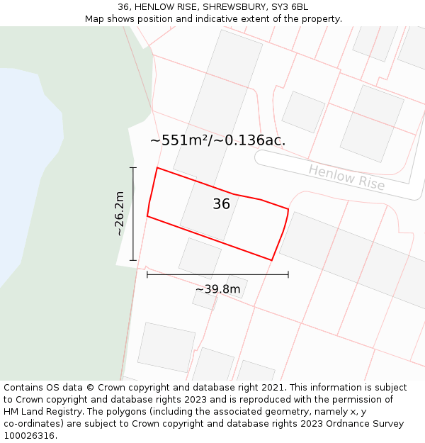 36, HENLOW RISE, SHREWSBURY, SY3 6BL: Plot and title map